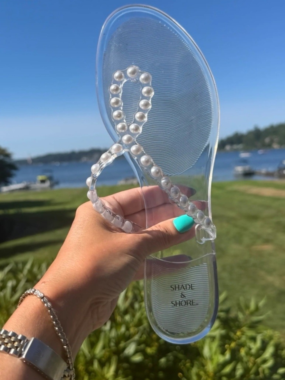 Shore & Shade clear Faux pearl flip flops sz 10 jelly thong sandals